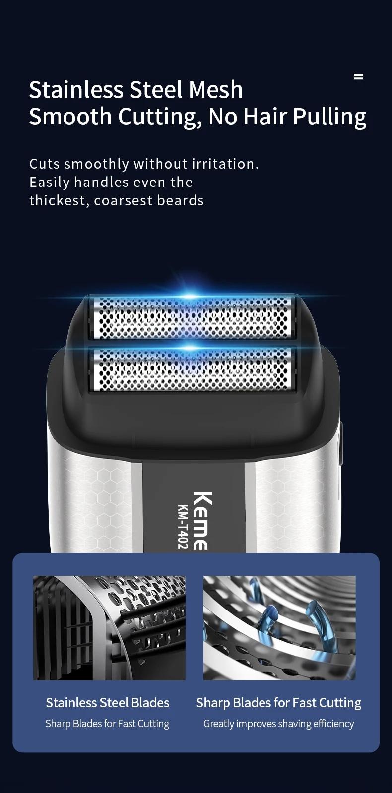 Kemei T402 UV-Disinfecting Metal Double-Foil Shavers for Men Facial Professional Barber Reciprocating Razor Bald Head Shaving Machine Durable
