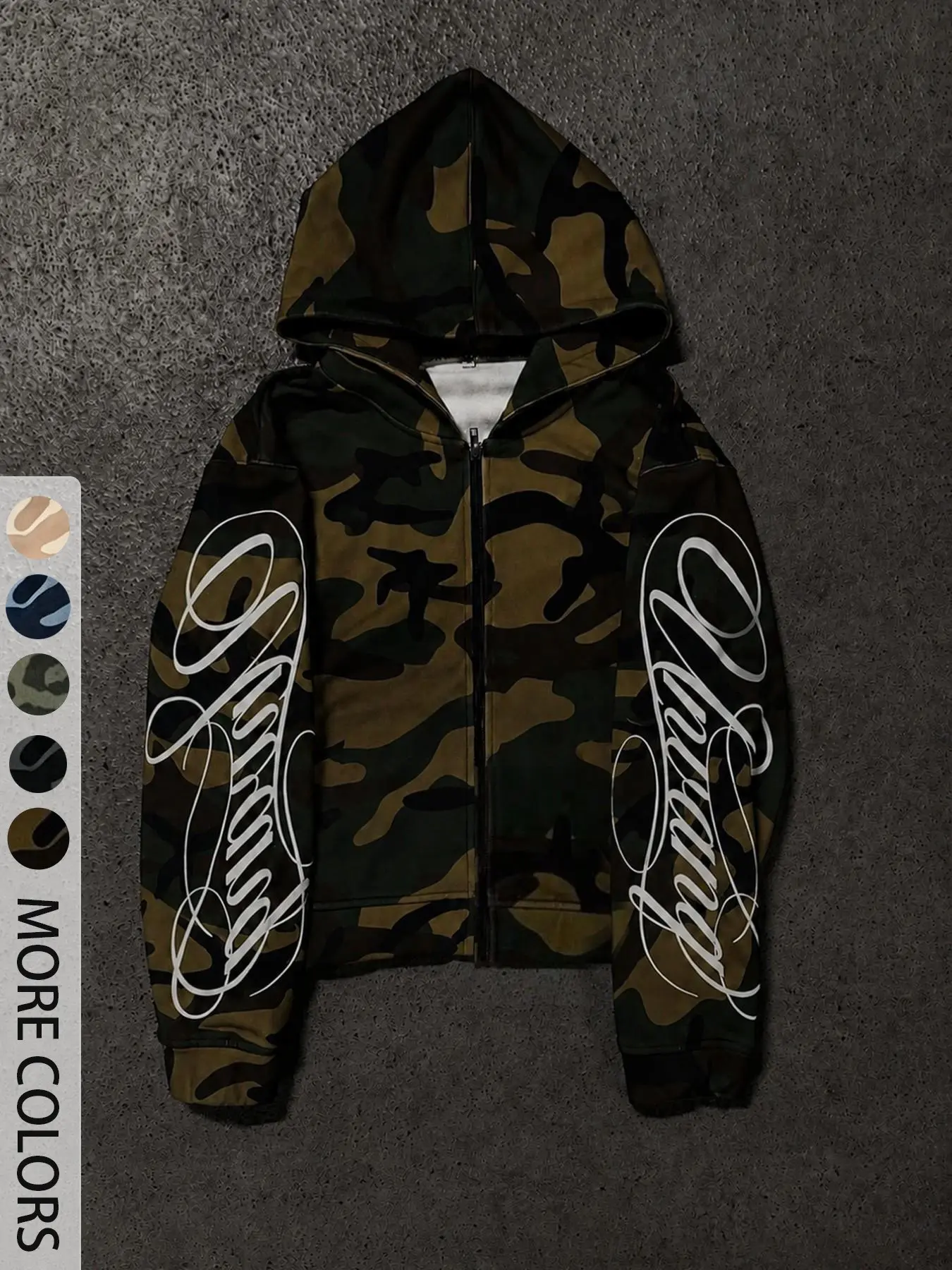 Men's Y2K Camo Zipper Hoodie, Gothic Script Letter Print Loose Streetwear Jacket, Perfect for Hip-Hop Daily Casual