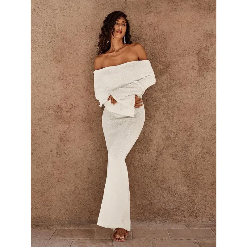 Women's Off The Shoulder Long Sleeve Knit Dresses Elegant Formal Wedding Guest Dresses Maxi Dress