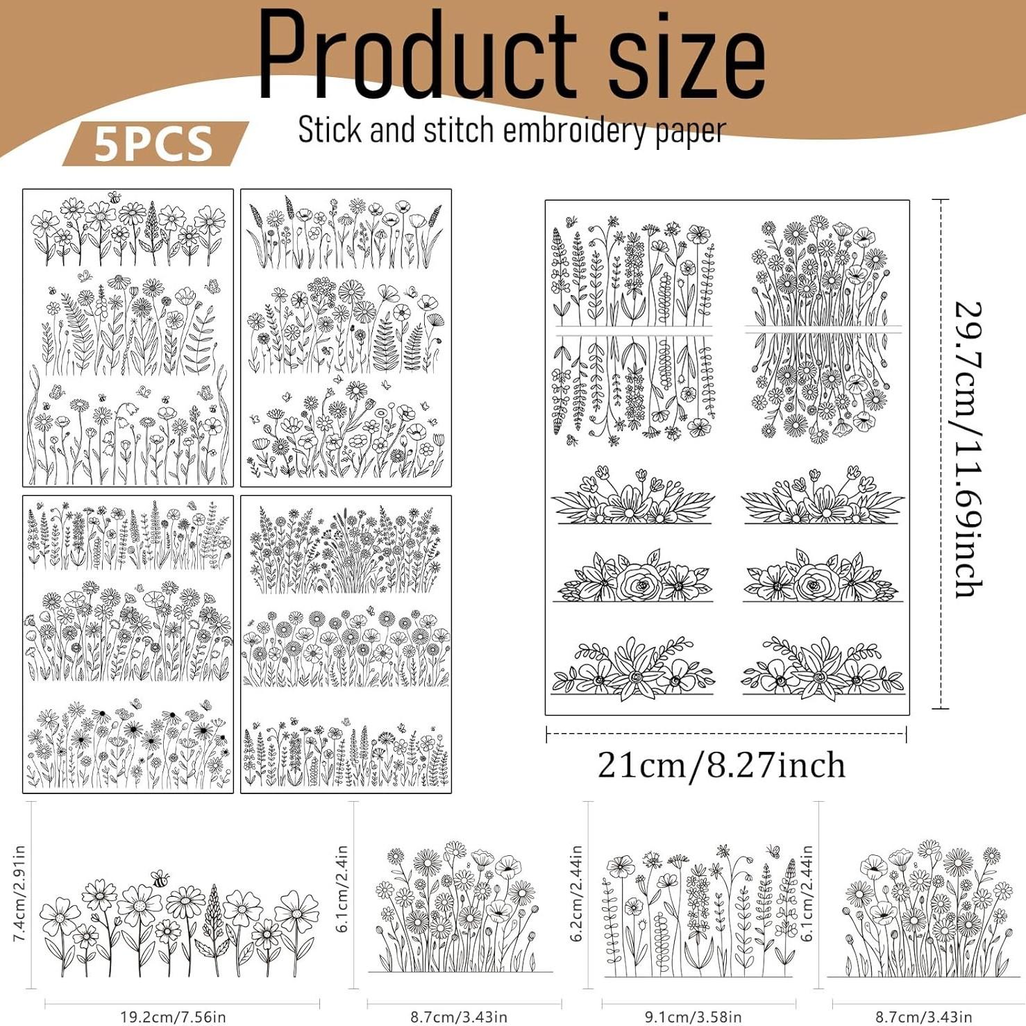 4 Sheets Preprinted Flower Embroidery Pattern Paper,Self-Adhesive Water Soluble Stabilizer Kit with Floral, Botanical & Alphabet Designs, Complete with Embroidery Floss & Needles for DIY Handmade Craft Supplies