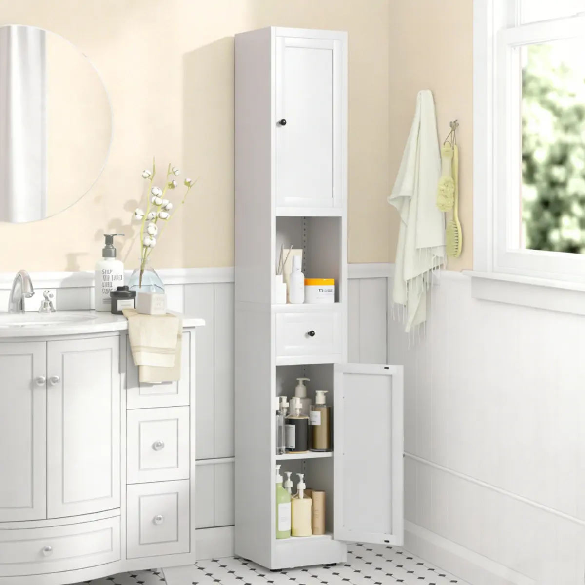 71-inch Tall Bathroom Storage Cabinet, 5-Tier Narrow Metal Cabinet with 2 Doors & Adjustable Shelves, Freestanding Cabinet for Space Saving in Kitchen, Laundry Room, Pantry, White