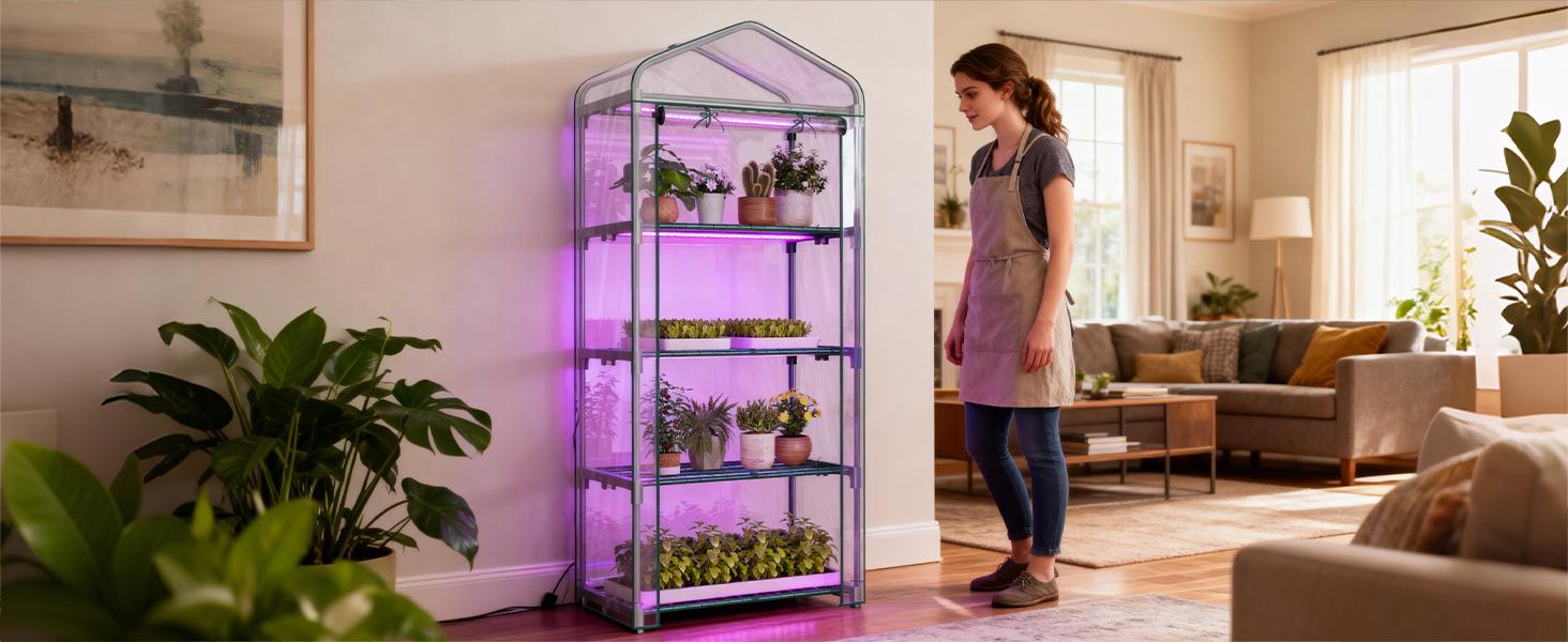 Lilypelle Indoor Mini Greenhouse with Grow Lights, 4/5 Tier Plant Shelf with Zippered PVC Cover, Seed Starting Rack with 3 Light Modes, 10 Brightness Levels & Timer Function