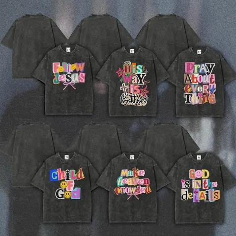 Oversized Tshirt Women Vintage Graphic Tees, Preppy Christian Y2K Coquette Faith Graphic T Shirts Women, 260g 100% Combed Cotton Garment-Dyed Boxy Relaxed Fit Ransom Letter Vintage Washed Tee, Camisetas de Mujeres,back to school,back to school shopping