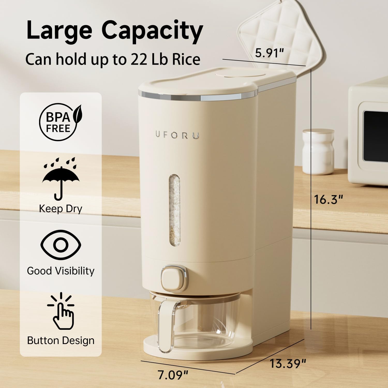 UFORU insect-proof airtight Rice Dispenser with Measuring Cups - Moisture-Resistant Plastic, Airtight Grain Storage Container for Soybeans, Corn & Cereals,pet food,cat food,dog food,suitable for kitchen and food storage room Pest Prevention Features Smoot