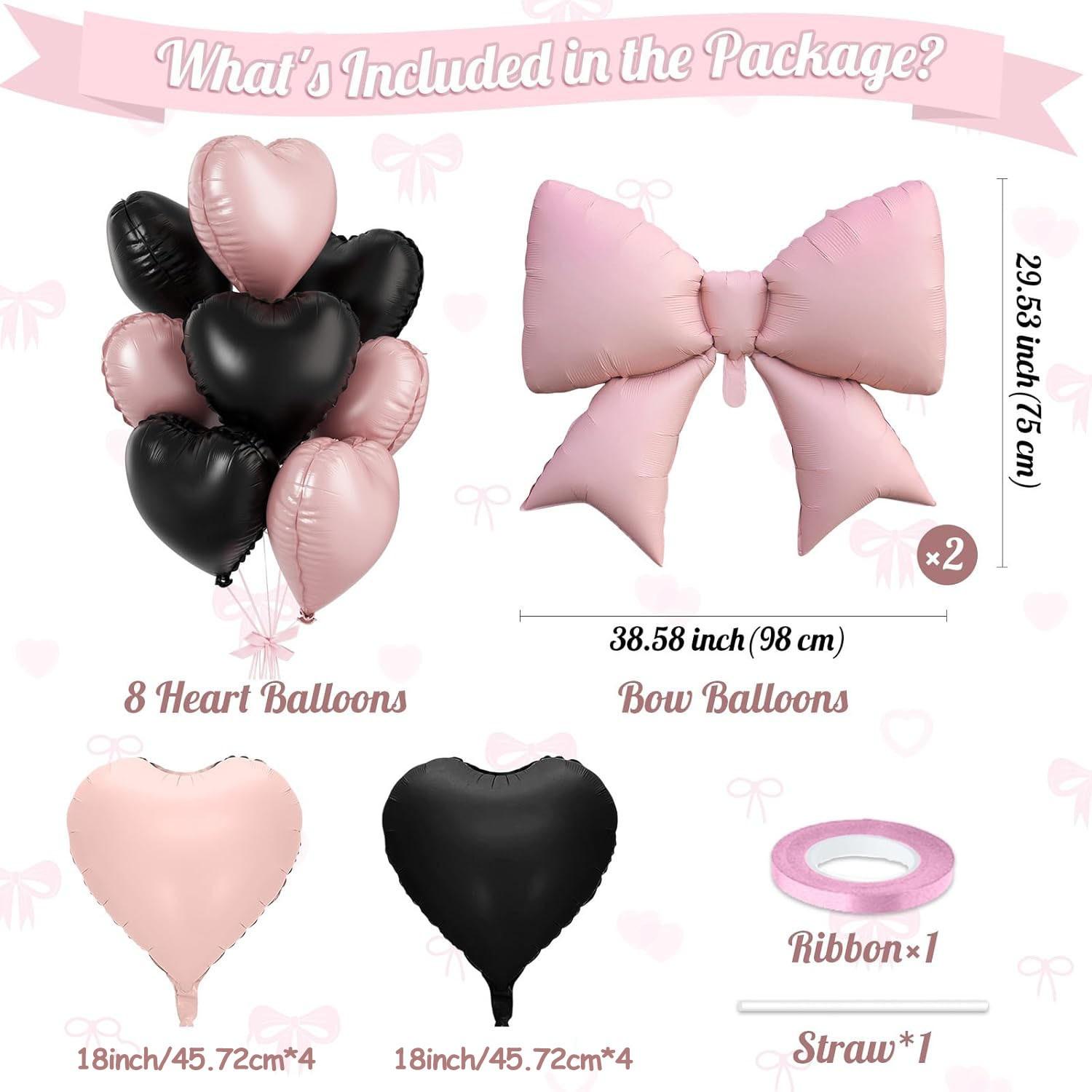 Pink and black heart-shaped bow balloons, 8 18 inch heart-shaped balloons and 2 38 inch butterfly balloons (with 2 accessories), suitable for girls' birthdays, baby showers, bridal wedding party decorations