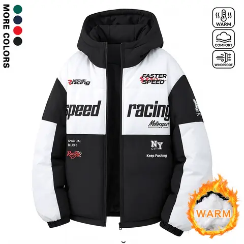 Men’s Y2K Racing Puffer Jacket Oversized Winter Hooded Bubble Coat Heavyweight Thick Warm Streetwear Parka