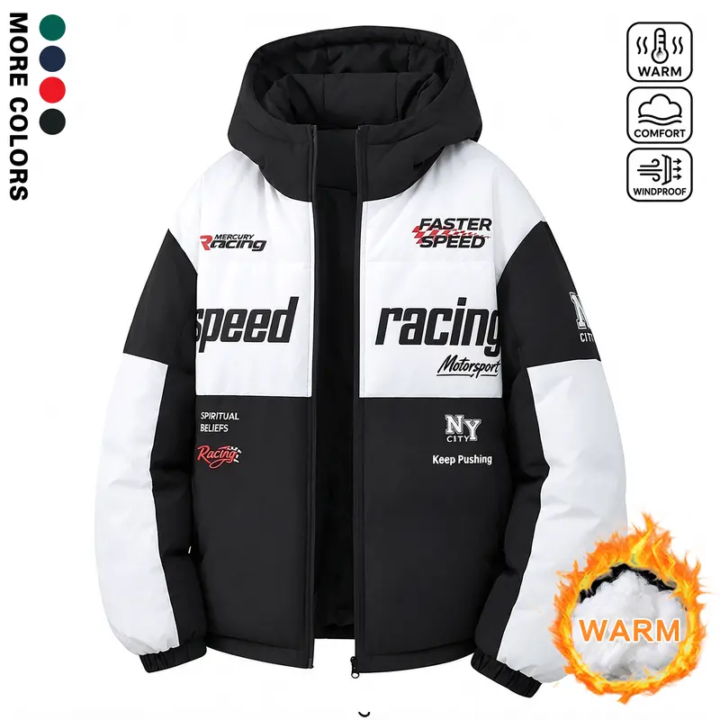 Men’s Y2K Racing Puffer Jacket Oversized Winter Hooded Bubble Coat Heavyweight Thick Warm Streetwear Parka