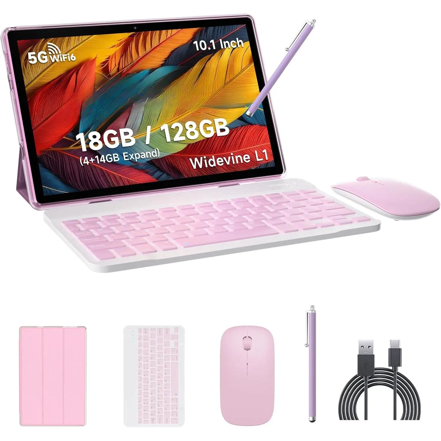Android 15 Tablet, 10 Inch 18GB RAM+128GB ROM/ 2TB Expandable Tablet, 2.0GHz Quad-core Processor, 1280*800 HD Touch Screen, 5G WiFi6 BT 5.0, 2 in 1 Tablets with Keyboard Case Mouse Stylus Pink