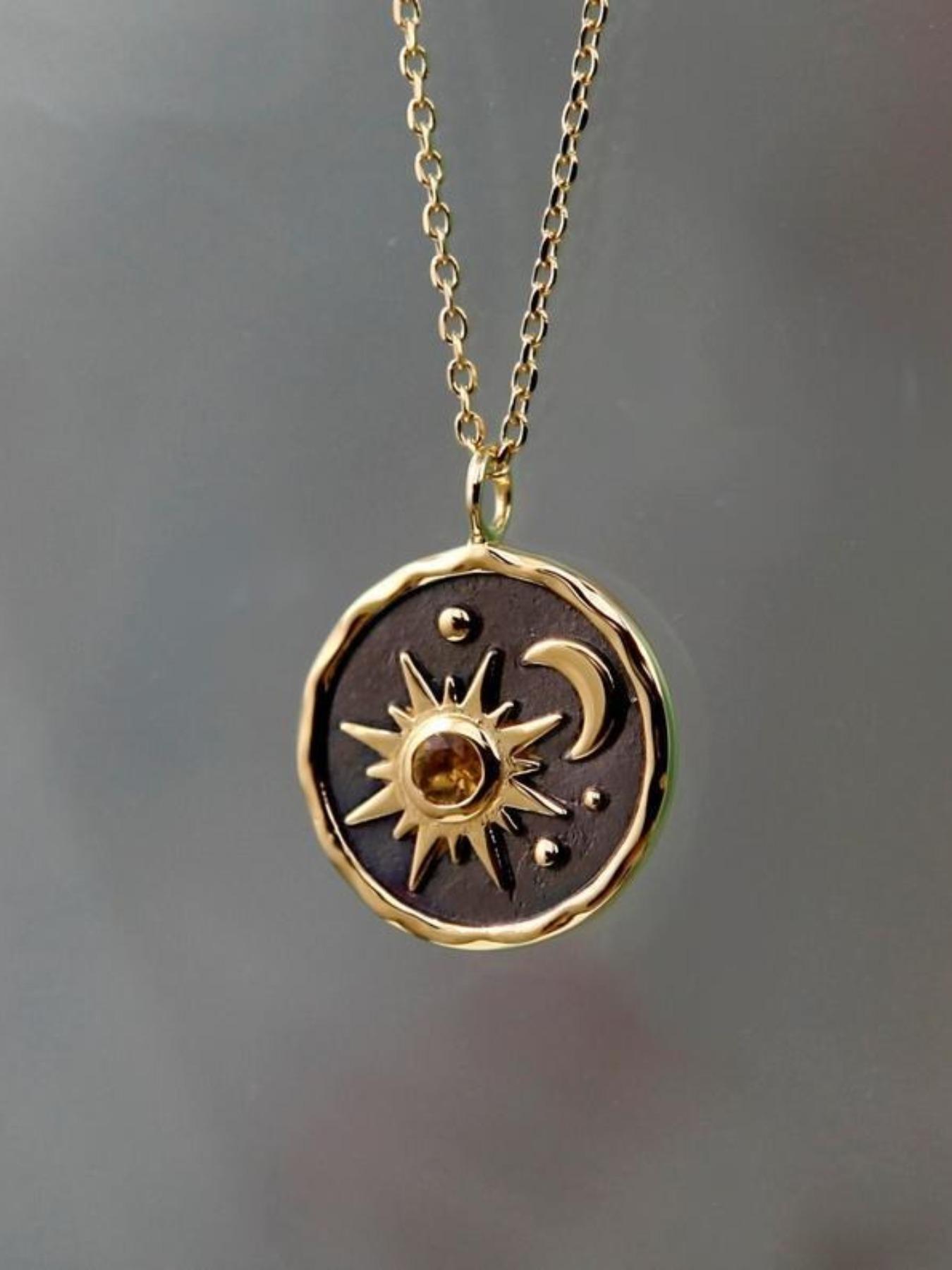 Vintage Silver Color Sun Moon Zircon Necklace for Women, Punk Style Stainless Steel Chain, All Seasons Fashion Jewelry Gift