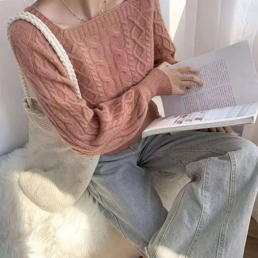 Square Neck Knitted Sweater Long Sleeve Cable-knit Crop Jumper Women's Pulover Teen-girl Fall Winter Vintage Outfit