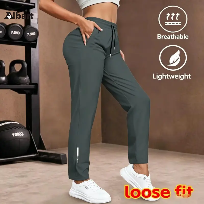 Women's Lightweight Stretchy Leisurewear Pants - Elastic Waistband, High-Elastic Fabric, Extra Elasticity, Plain Elastane, Drawstring, Pockets, Machine Washable for Running, Fitness, Elastic Waistband Pants