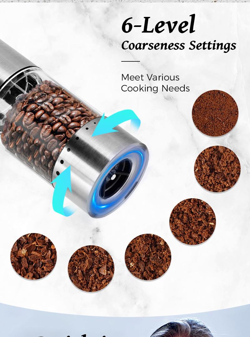 PUKOMC Rechargeable Salt & Pepper Grinder Set: 6 Settings, One-Hand Use,Detachable for Cleaning - Includes 12 Refills & Accessories! Kitchen Seasoning Utensils Coarseness Adjustable Base Style