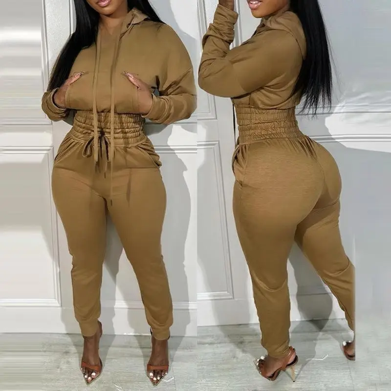 Womens 2 Piece Outfits Lounge Hoodie Shirred Waist Pocket Design Sweatshirt Cuffed Jogger Sweatpants Tracksuit