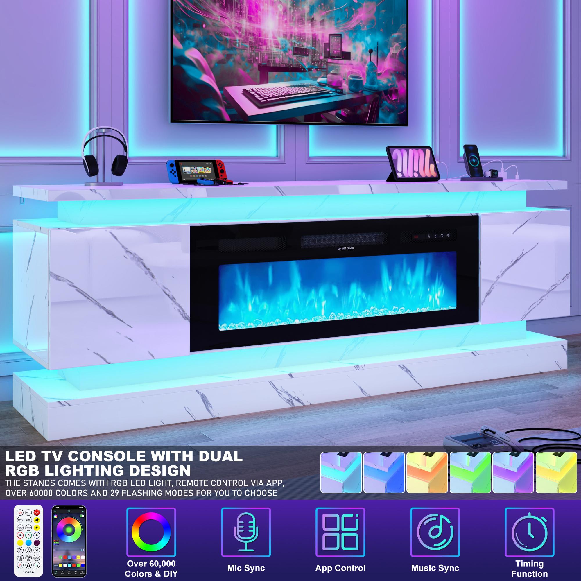 71in Fireplace TV Stands w/40 inch Fireplace Power Outlet for 85/80/75 Inch TV,High Glossy Modern TV Console Gaming Entertainment Center with 2 Storage Cabinets,Dual LED Lights,Black/White