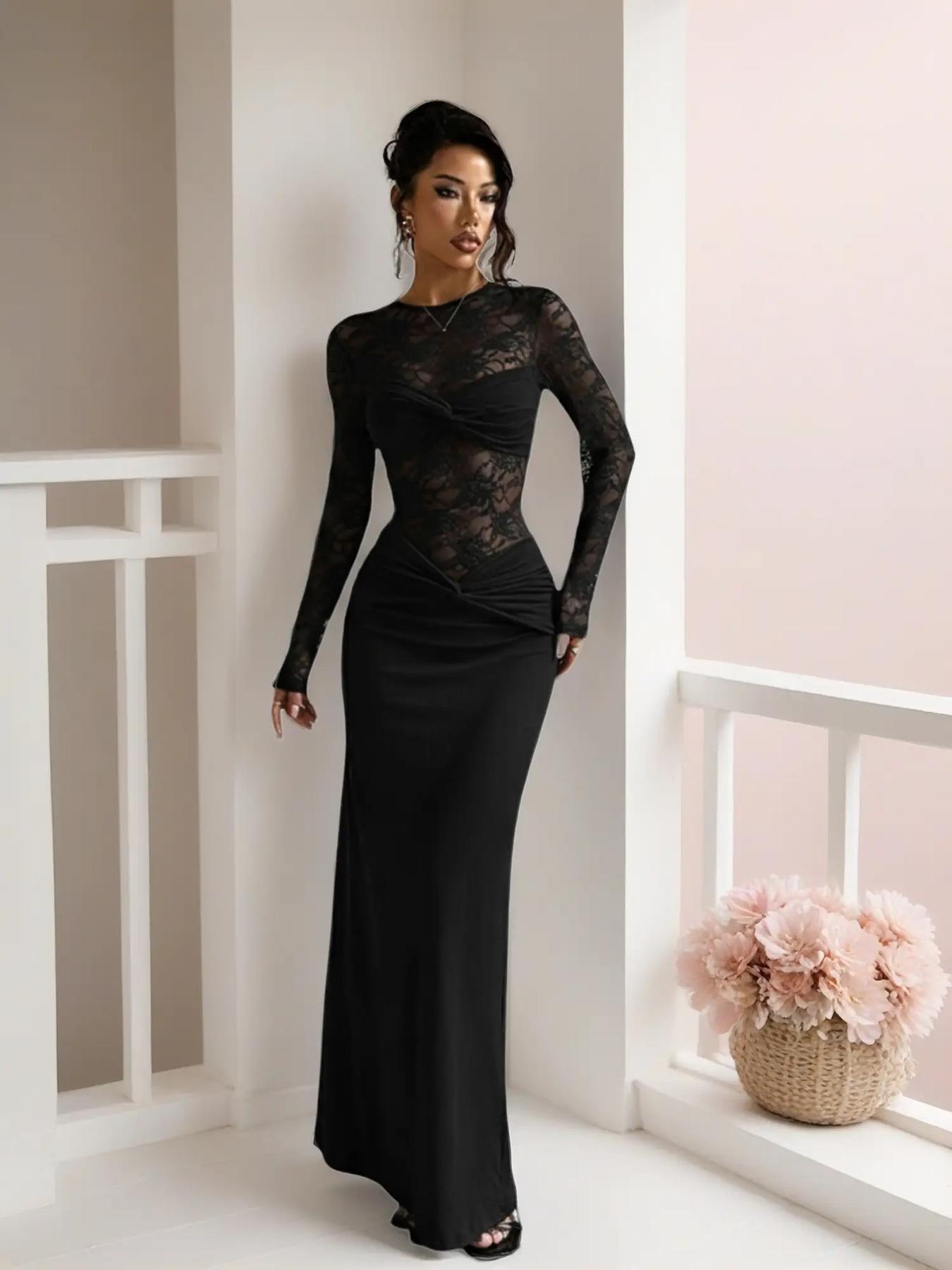 Women's Fall Winter New Long Sleeve Lace Dress, Elegant Fashion Design, Perfect for Casual & Formal Occasions, Stylish Women's Clothing