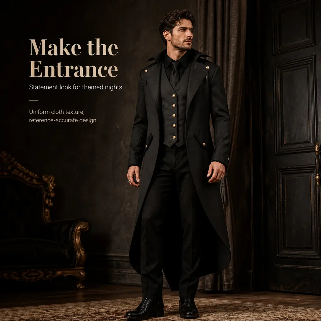 Men's Vintage Victorian Gothic Steampunk Medieval Formal Lapel Gold-Button Tailcoat Trench Overcoat Costume