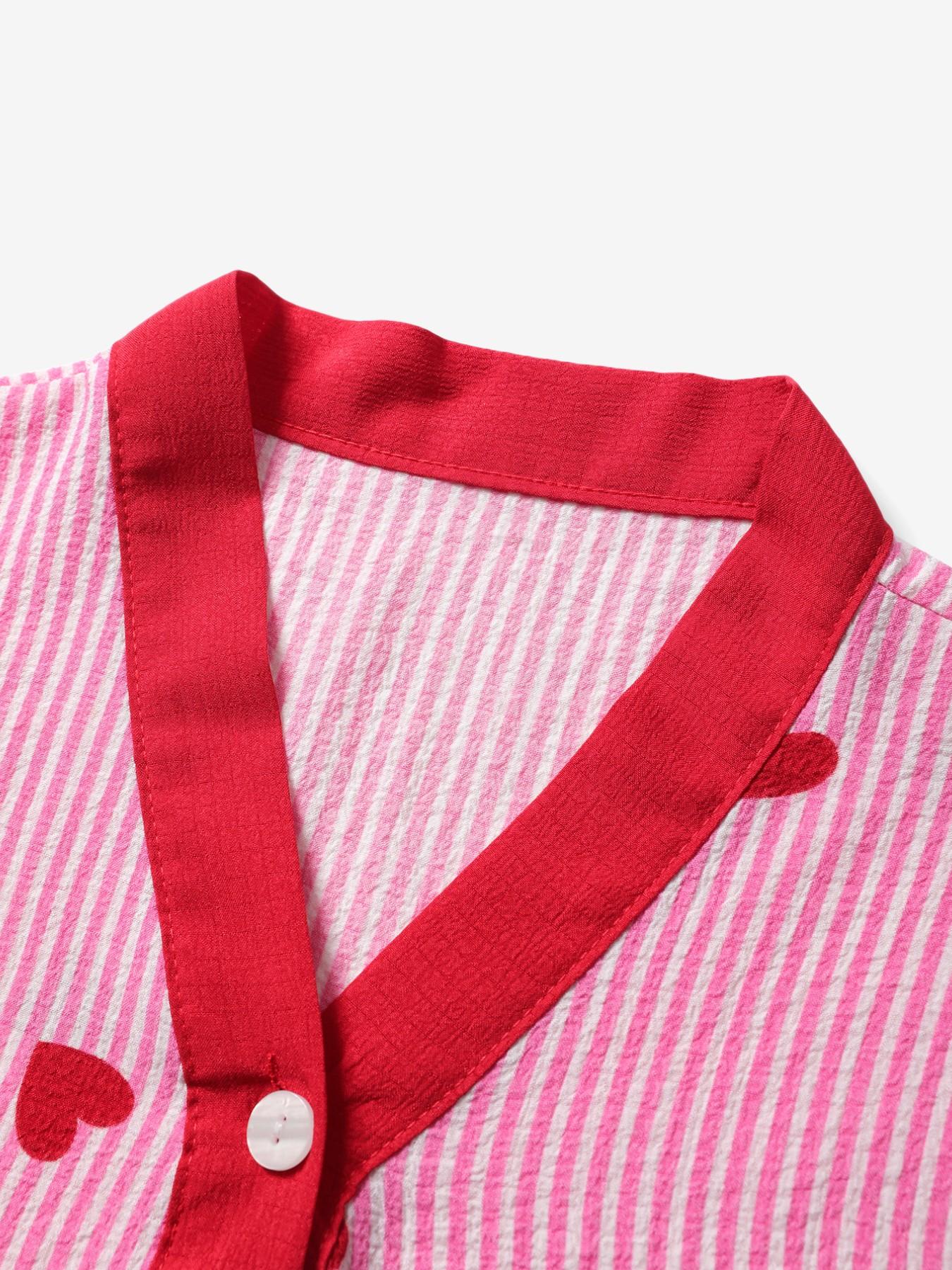 Women's Cute Pajama Sleepwear Set, Heart Pattern V Neck Button Short Sleeve Top & Pants, Lightweight Polyester Loungewear Homewear