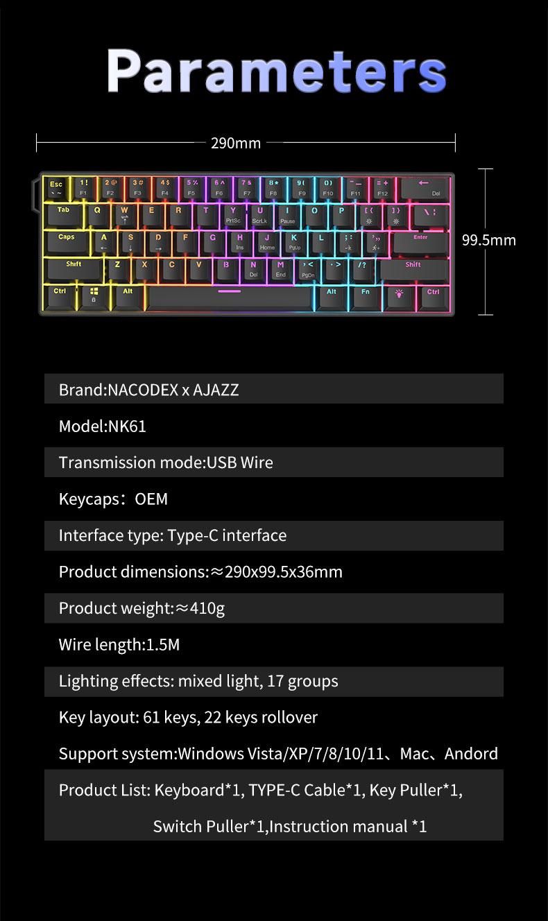 AJAZZ NK61 wired gaming mechanical keyboard AJAZZ red switch compact office keyboard 61 key e-sports gaming keyboard ribbon design dazzling light effects DIY plug and play support multiple systems suitable for gaming and office
