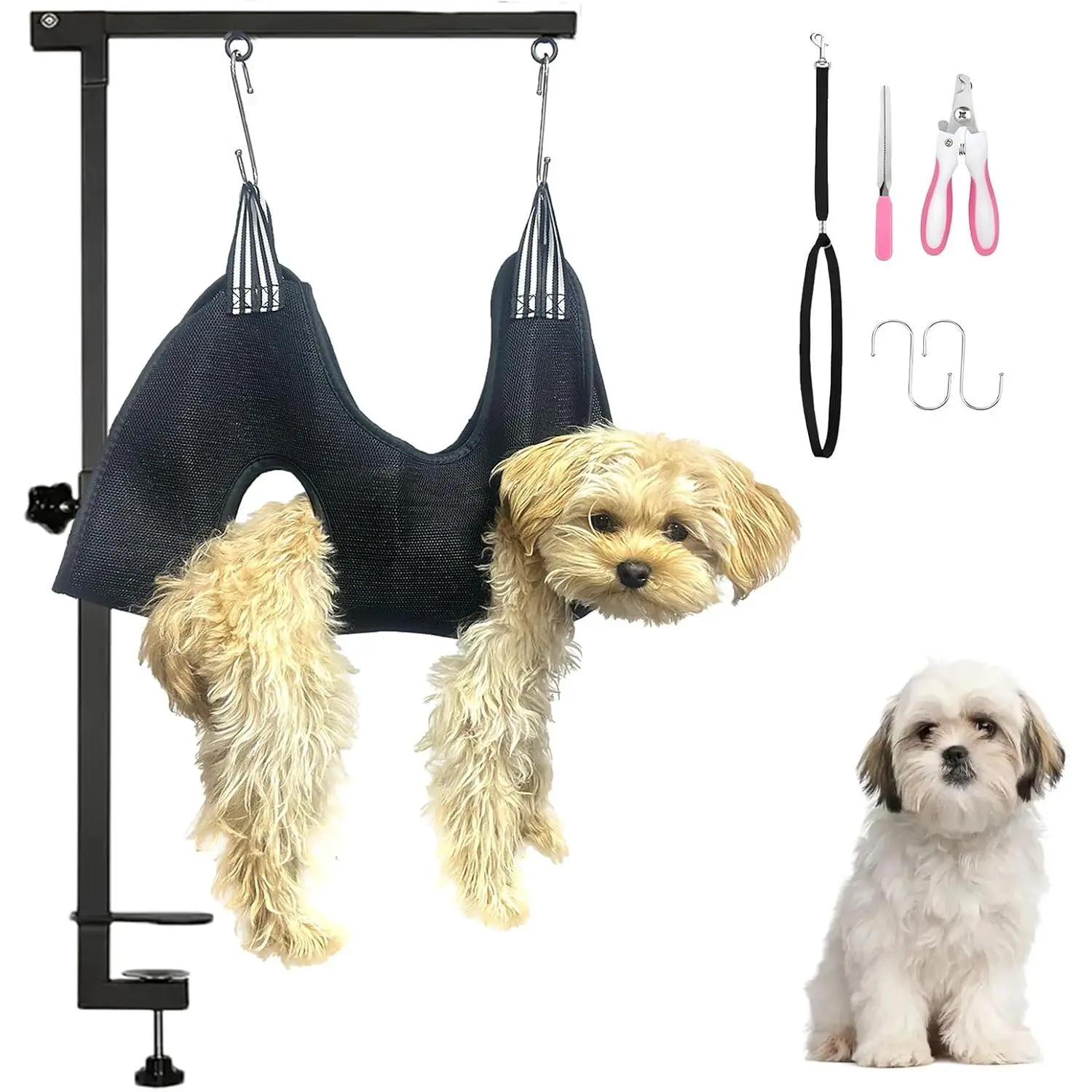 Dog Grooming Arm with Hammock & Loop – Professional Pet Grooming Kit for Small Dogs – Includes Nail Clippers & Nail File – Essential Dog Grooming Supplies for Home Use