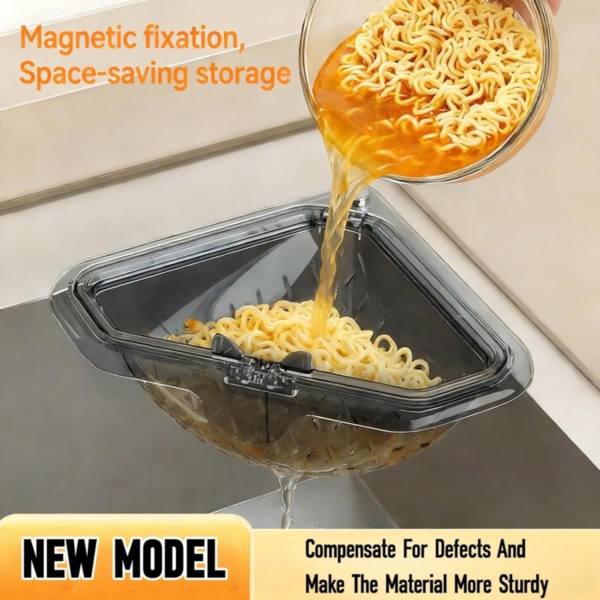 Magnetic Drain and Filter Basket, Durable Triangle Sink Strainer with Rotating Bottom, Kitchen Corner Rack, No Drilling Installation