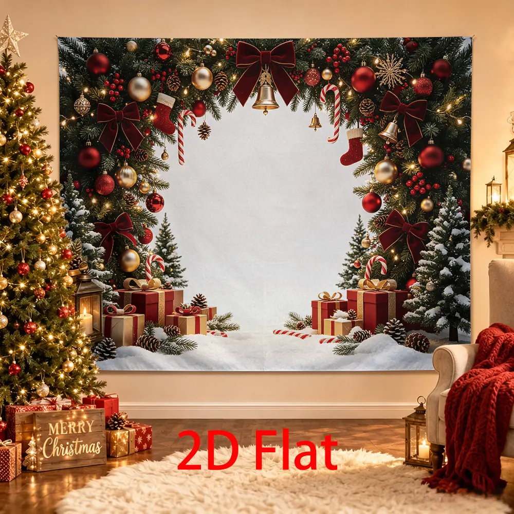 Christmas Garland Backdrop Red Gold Ornaments Gifts Snowy Photo Booth Background