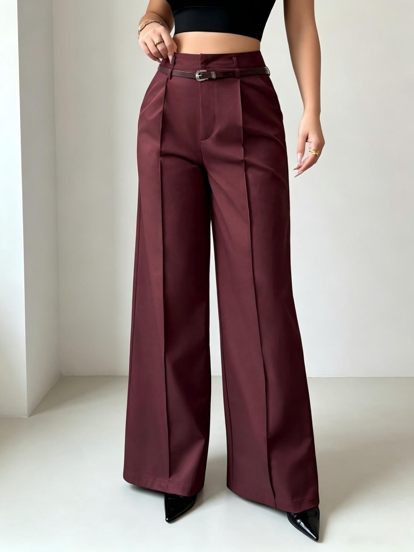 New Women's High-Waisted Wide-Leg Suit Pants, Button Pleated Design with Belt, Casual Elegant Comfortable Style for Daily Commute
