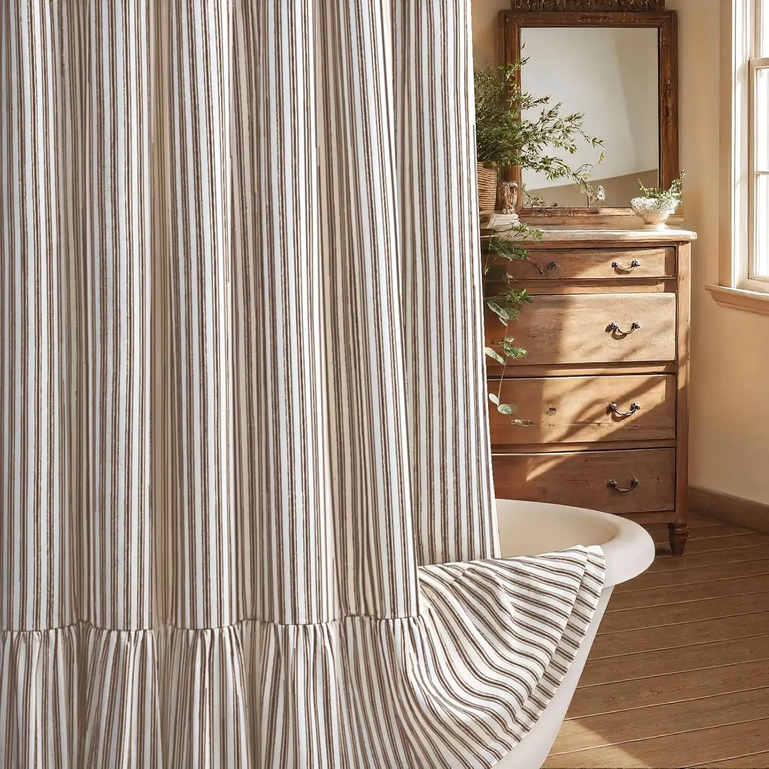 Farmhouse Boho Linen Shower Curtain - Cream-Brown Stripe, Bottom Ruffle, Rustic Country Natural Look, Washable, 72"W x 72"L, for Bathroom Bathtub, Shower Curtains