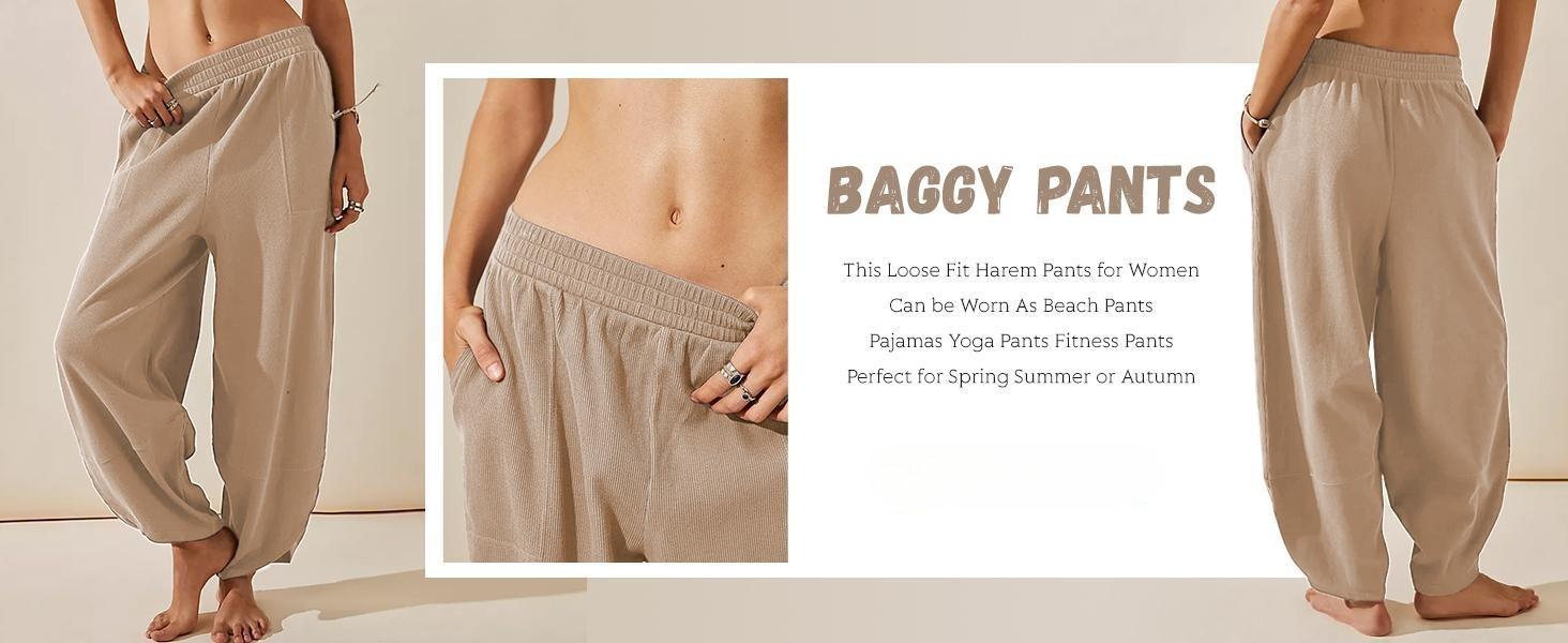 JovenPara Womens Cotton Wide Leg Sweatpants Elastic Waisted Baggy Loose Beach Palazzo Harem Pants with Pockets Womenswear Basic Bottom Wideleg Khaki Minimalist JovenPara Womens Cotton Wide Leg Sweatpants Elastic Waisted Baggy Loose Beach Palazzo Harem Pants with Pockets Womenswear Basic Bottom Wideleg Khaki Minimalist