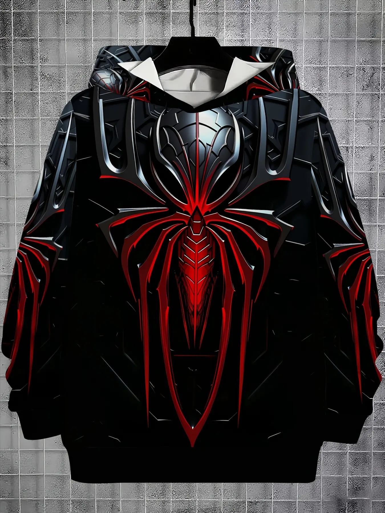 Boys' Dark Hoodie, Hardcore Mechanical Spider Print, Mech Style Design, Loose Fit, Casual Long Sleeve Zip Up Hoodie