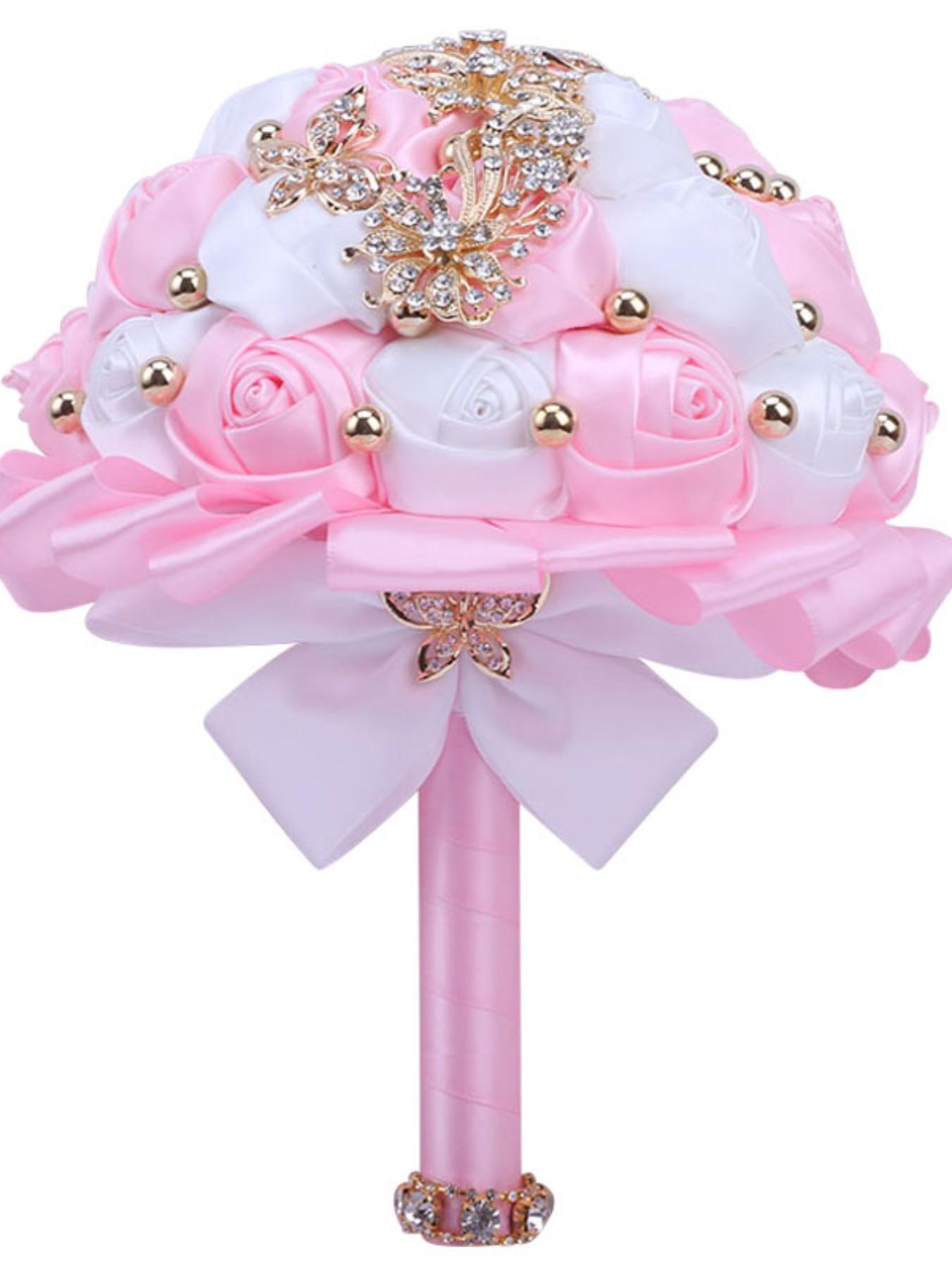 Handmade Ribbon Rose Bouquet, Artificial Roses, Faux Roses, Bride Bridesmaid Wedding Flower Bouquet, Rhinestone Alloy Decor, Valentine's Day Proposal Gift, Sweet 15 Quinceanera Bouquet Flowers