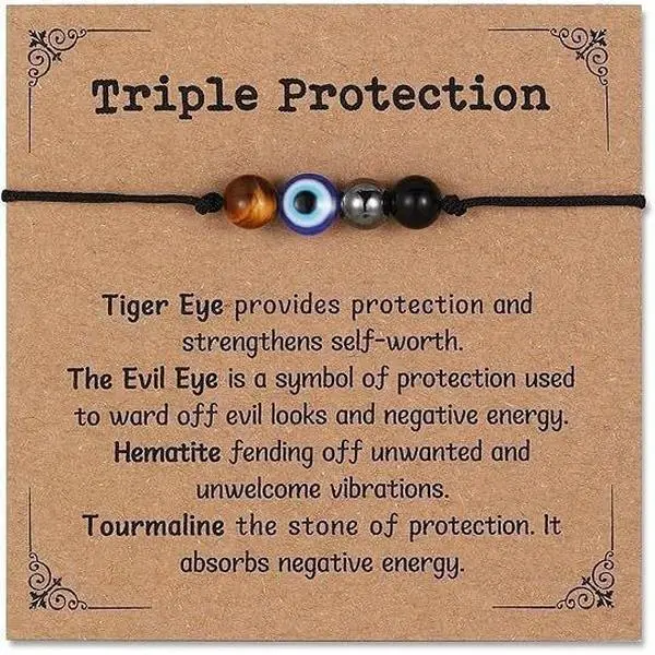 Handmade Triple Threat Protection Beads Anxiety Relief New Beginnings Gifts for Women Men, Natural Healing Crystal Bracelet Evil Eye Moonstone Tourmaline Amethyst Jewelry for Family Friends Coworker
