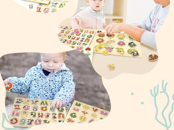edutree 6pcs Wooden Peg Puzzles for Toddlers 1 2 3 4, 6 Pack Educational Peg Puzzles Montessori Toys, Learning Puzzles for Kids Girs Boys with Alphabet Number Animal Vehicle Shape, Halloween gift