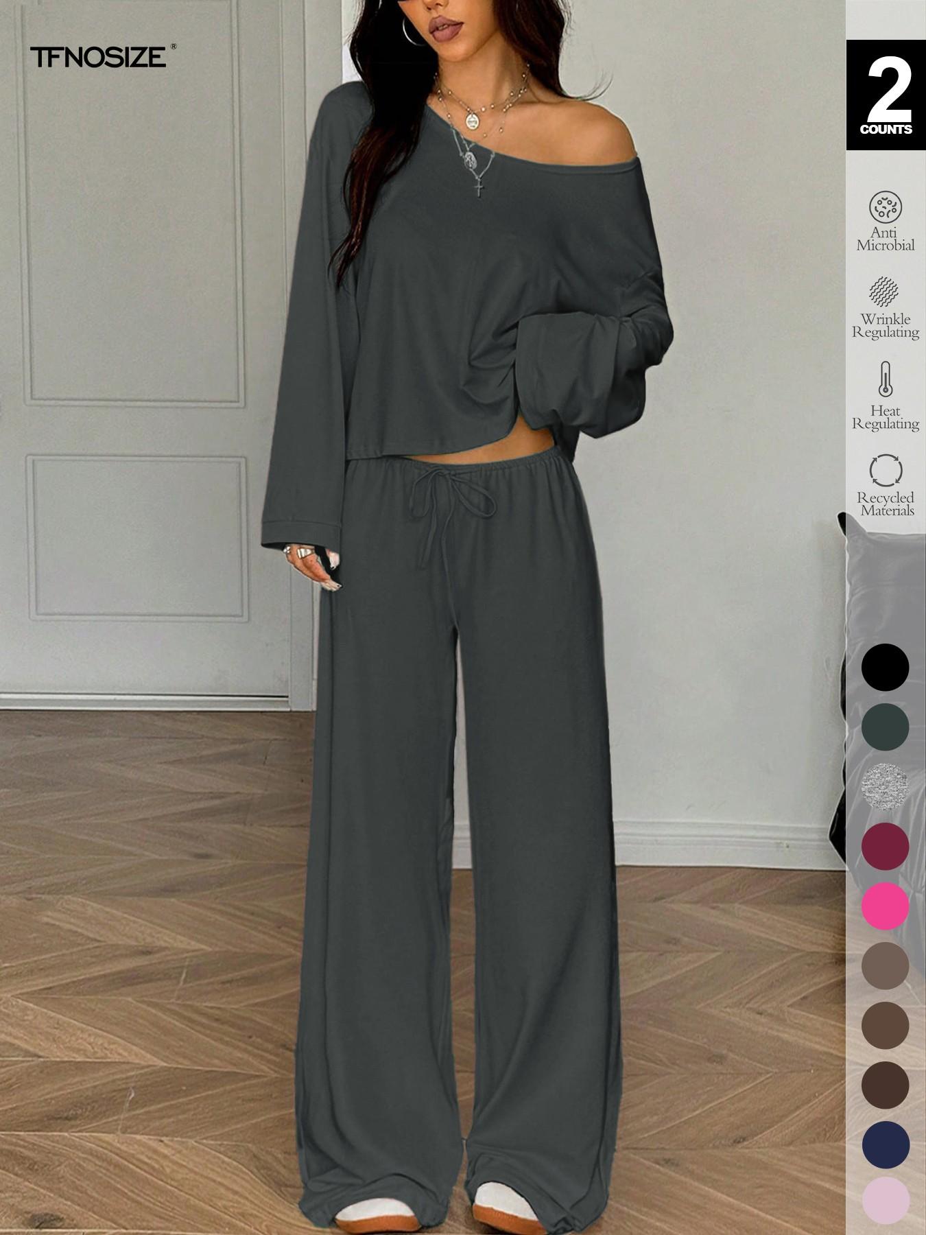 French Minimal Chic Cold Shoulder Cutout Two Piece Set, Summer Casual Loose Cropped Top & High Waist Adjustable Drawstring Trousers, Figure-Flattering Loungewear