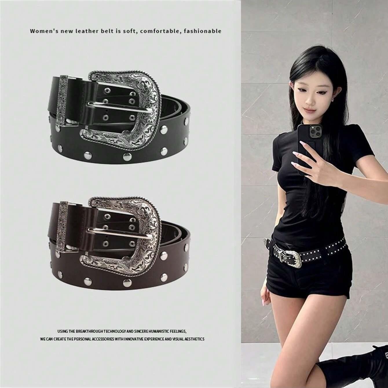 Y2K Vintage Versatile Belt, Carved Rivet Pin Buckle Fashion Belt, Suitable for Daily Wear, Dates, Stylish Accessory