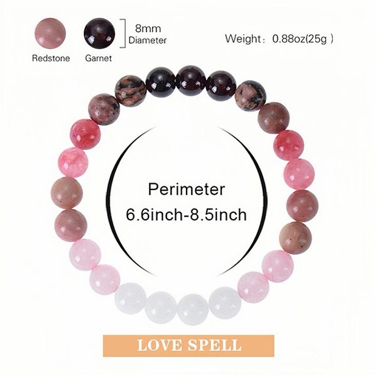 Love Spell Bracelet Garnet, Strawberry Quartz Rhodonite Rose Quartz & Aoonstone Natural Healing Crystal Gorgeous Stone Gemstone Jewelry Energy Love Girlfriend Boyfriend Souvenir Valentine Anniversary New Year Christmas Halloween Birthday Gift