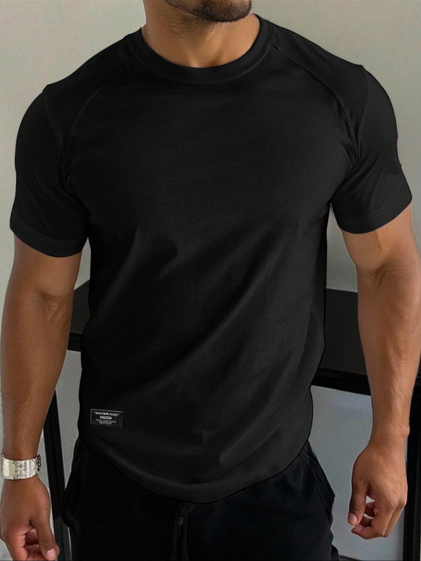 Men's Solid Color Crew Neck Raglan-Sleeve T-Shirt, Ultra-Soft Stretch Fabric, Dry-Fit Sports Tee for Running & Gym Workouts, Gym Workout Tops, Dry Fit Tees, Fitness Clothes