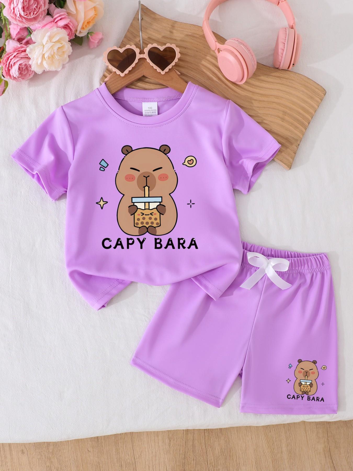 Capybara Girls' Summer 2-Piece Set - Short Sleeve Tee & Shorts Outfit | Soft & Comfortable Everyday Playwear for School, Parties & Outdoor Activities | Multi-Color Options, Ideal Holiday & Birthday Gift Casual Fashion Set Children