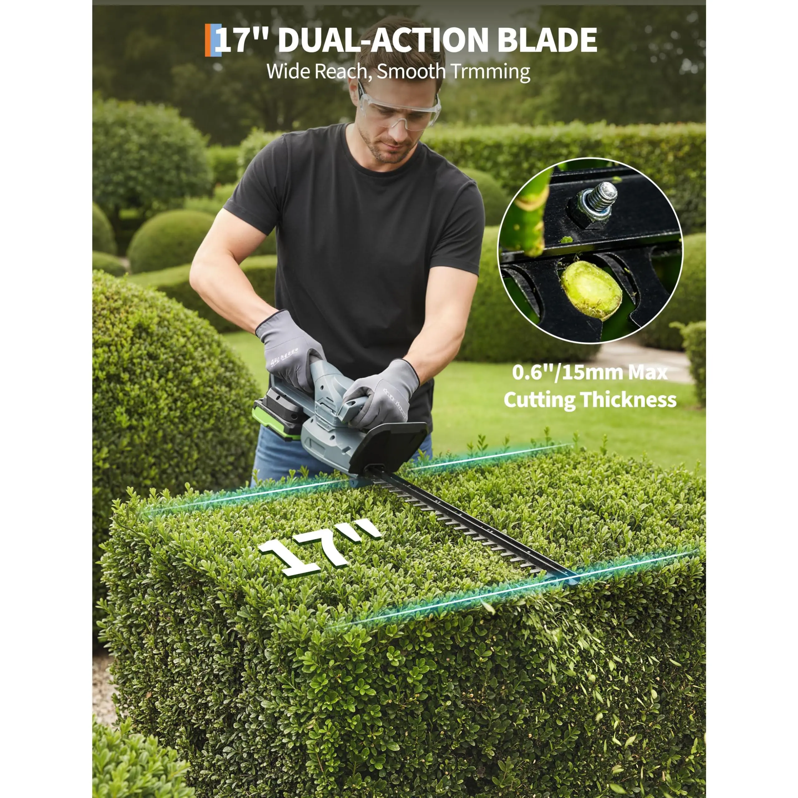 Wireless Hedge Trimmer – 18V 2.0Ah Battery & Charger – 17.7" Dual Action Carbon Steel Blade – 0.63" Cut Capacity – 1250RPM, Lightweight 4lb, Safety Lock, Tip Protector – Electric Garden Shrub Cutter