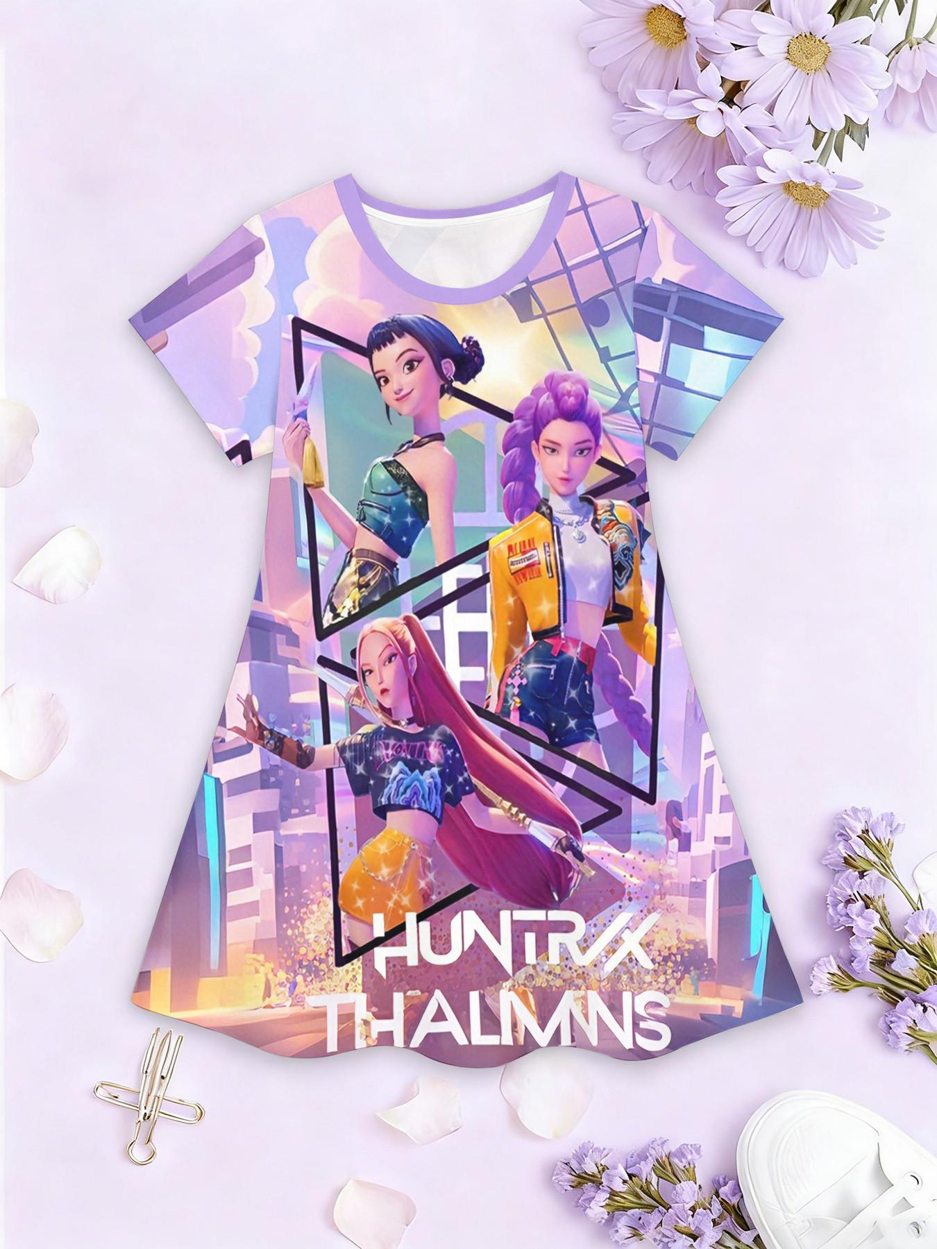 Girls' 3D Short Sleeve Dress, K-Pop Demon Hunters Neon Stage Print, Summer Party Wear, Perfect for Gifts and Birthdays