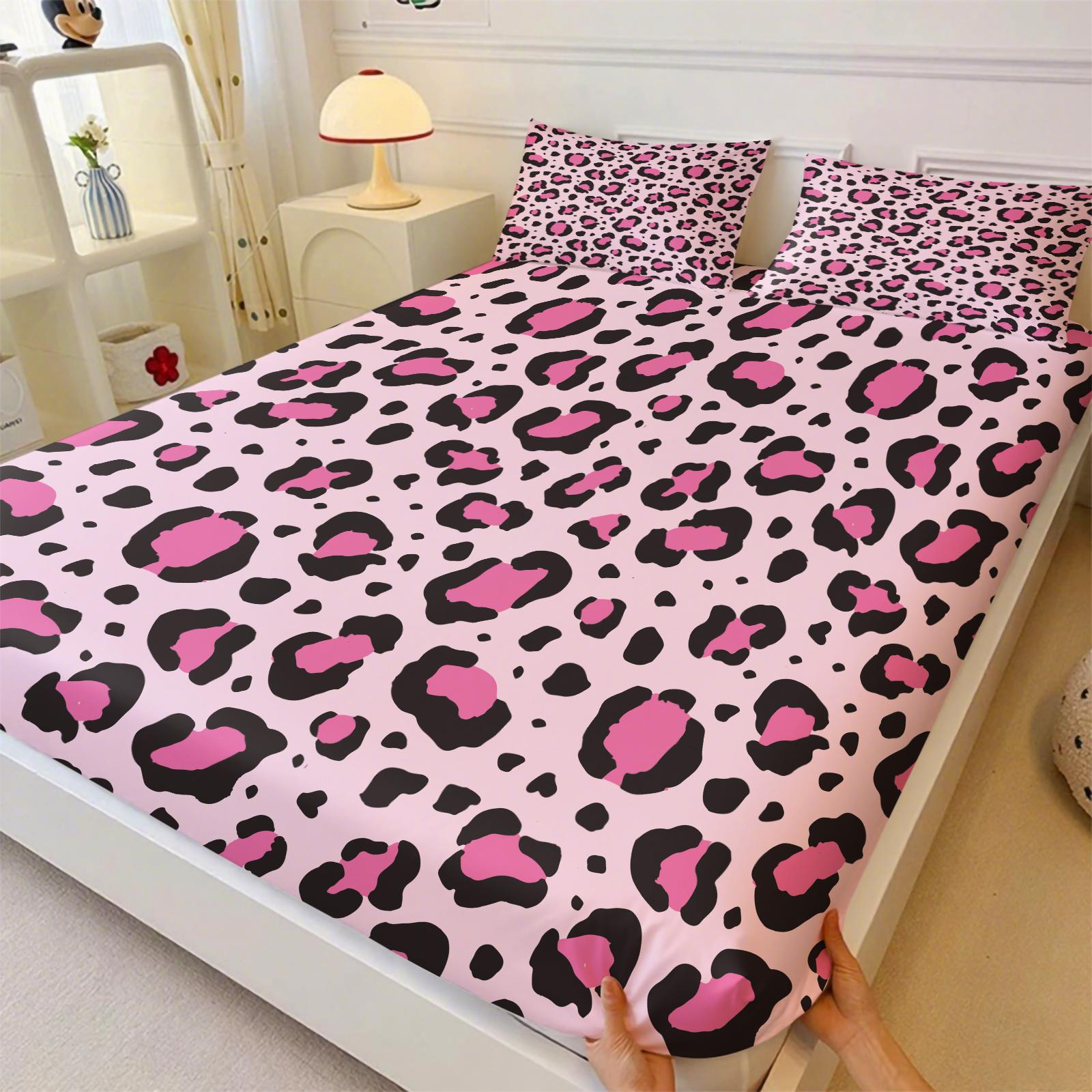 3-Piece Set Cute Leopard Print Bedding Set, Bed Sheet Sets, Decorative Bedsheet Sets, Includes 1 Fitted Sheet and 2 Pillowcases, Home Hotel Room Decor, Bedroom Decoration, Perfect Gift