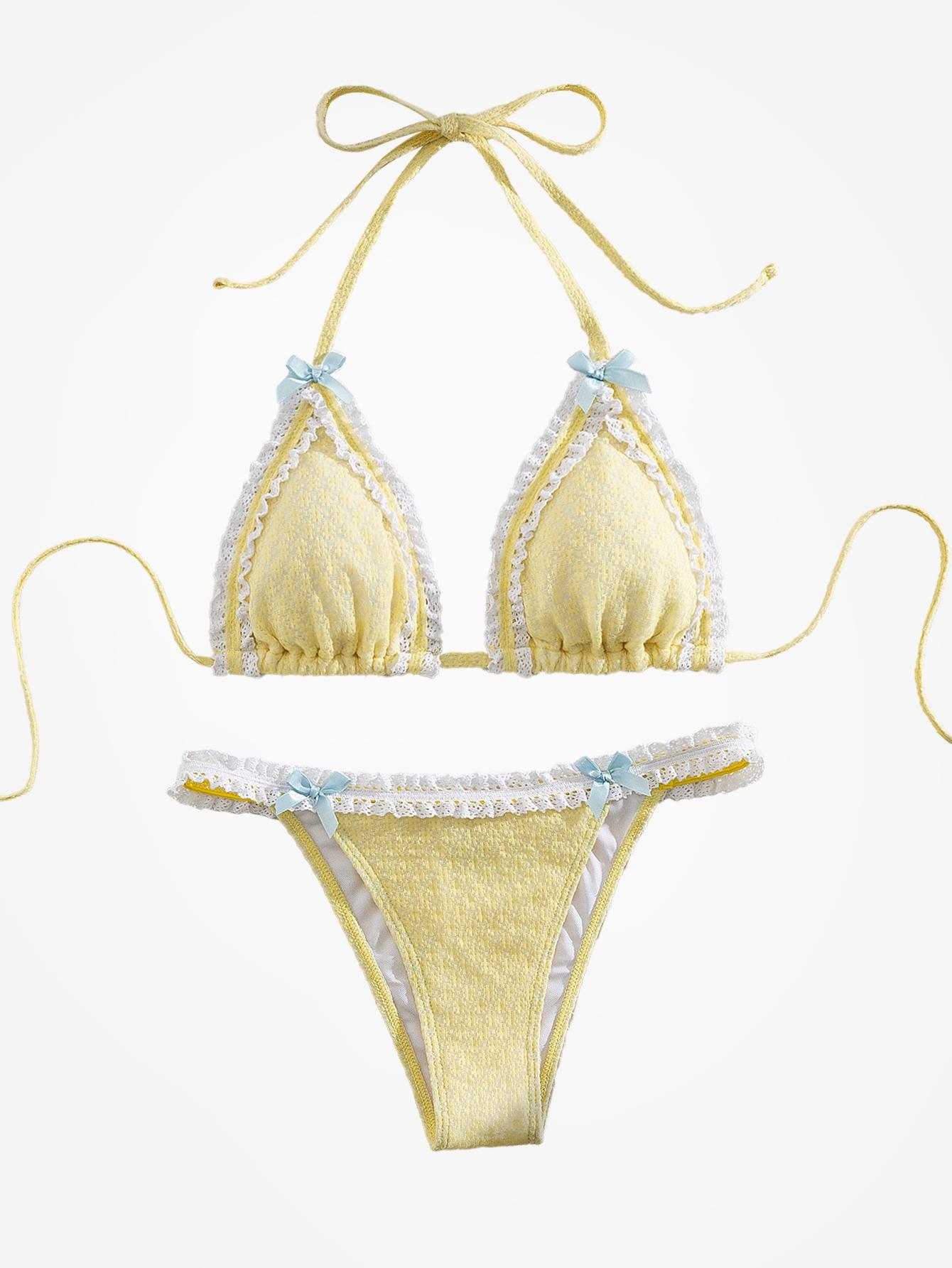 Two-Piece Set Women's Contrast Lace Bow Decor Bikini Set, Casual Tie Back Swim Bra & Swim Bottoms, Ladies Swimsuit for Beach Vacations, Summer Halter Bathing Suit