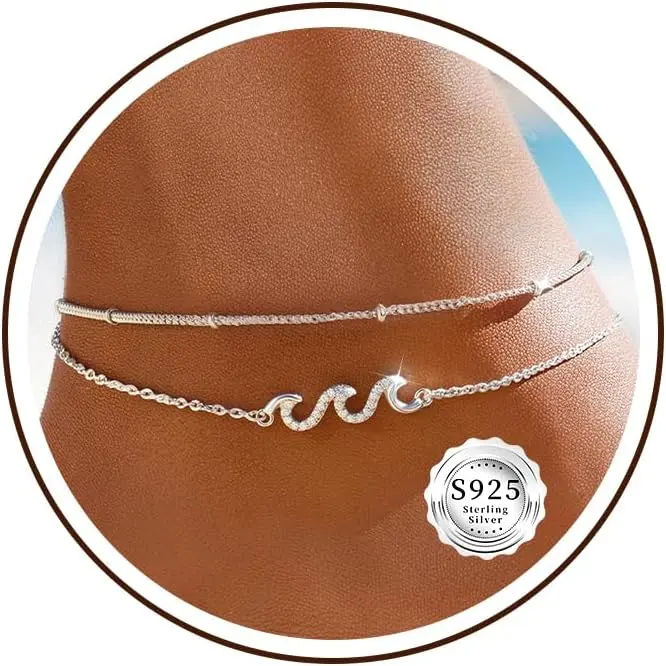 Sterling Silver Ankle Bracelets for Women 925 Sliver/Gold Waterproof Non Tarnish Beaded Anklets Dainty Adjustable Plus Sizes Large Stackable Waves Cubic Zirconia Beach Anklet