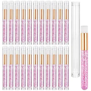 40 Pieces Pink Lash Shampoo Brushes Set - 20pcs Glitter Crystal Eyelash Extension Cleanser Brush with 20pcs Plastic Travel Tube - Nose Pore Deep Cleaning Brush for Facial Cleansing
