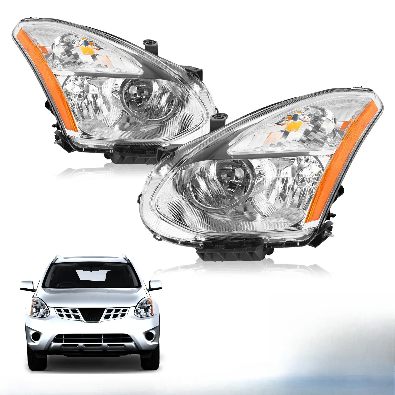 For 2008-2013 Nissan Rogue Chrome Halogen Headlights Replacement Headlamps Pair