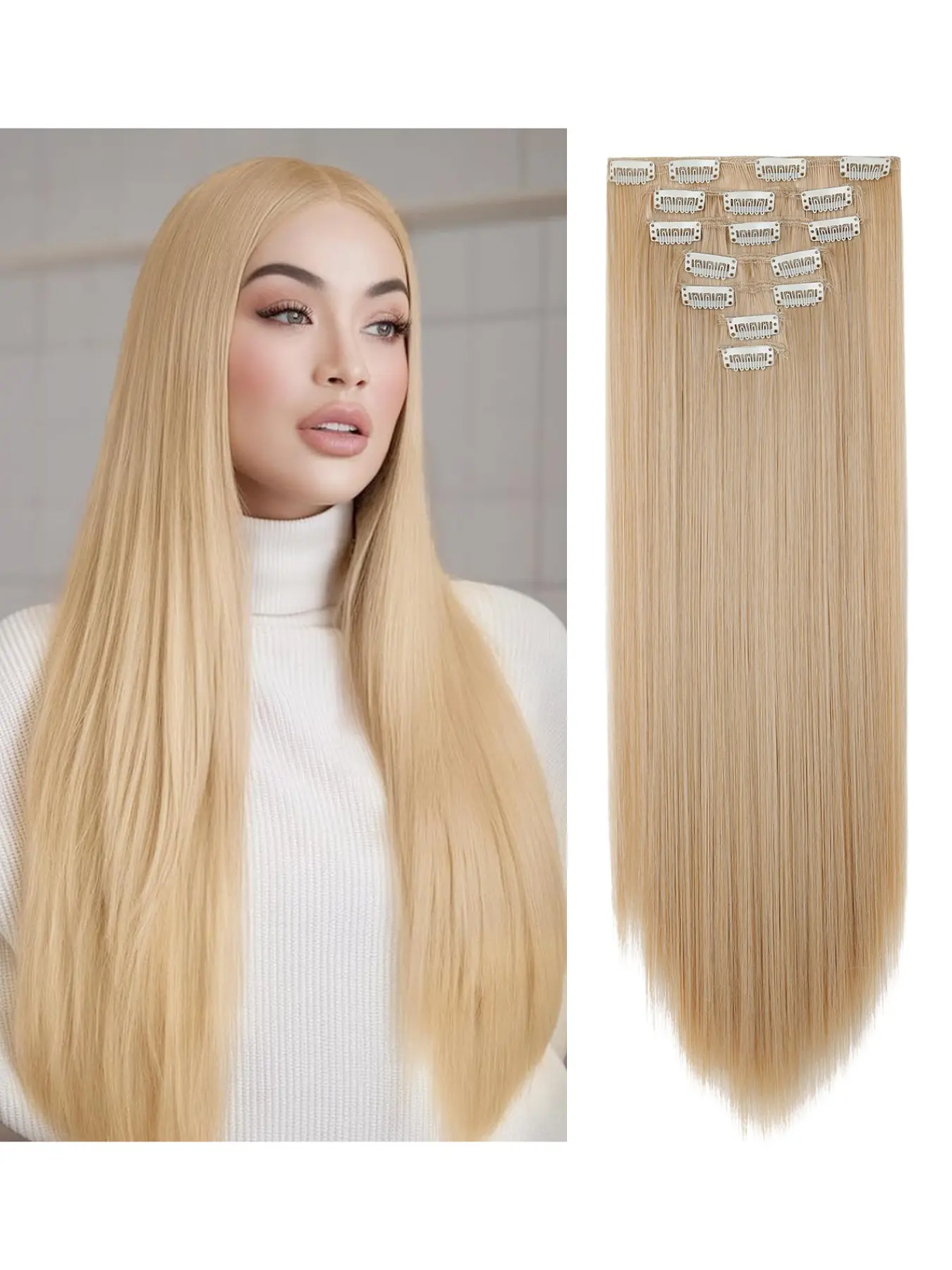 Easy to install 7-piece full head clip style hair extensions, 24 inch straight synthetic fiber, gentle scalp friendly, reusable hand washed natural hair patches, suitable for beginners, women, teenagers, girls, daily party and wedding styling