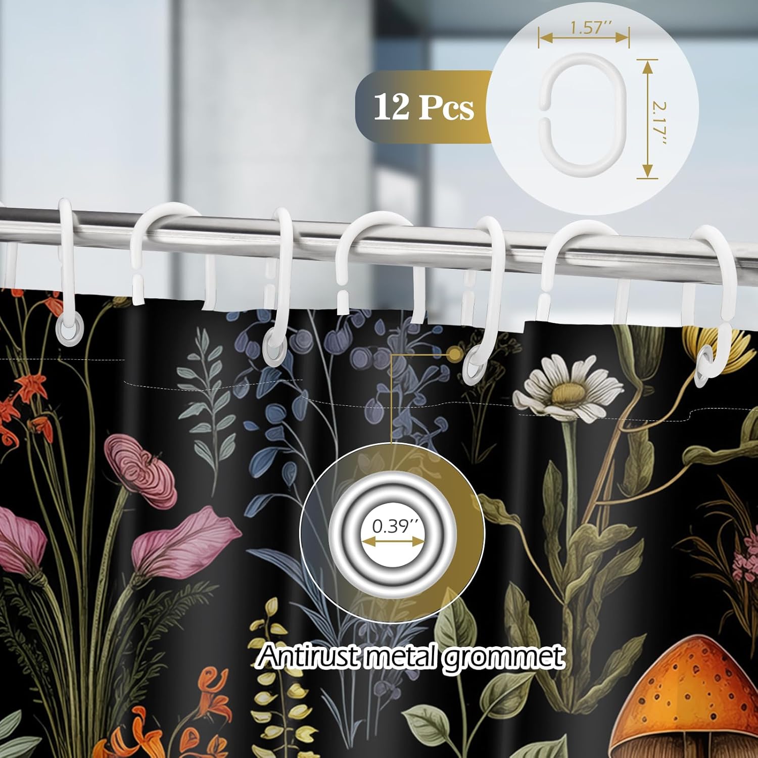 Vintage Dark Cottagecore Mushroom Shower Curtain - Retro Botanical Wildflower Print, Waterproof Fabric Curtain with 12 Hooks | Whimsical Gothic Bathroom Decor #showercurtain #mushroom #cottagecore #vintage #botanical #waterproofcurtain  #gothicdecor