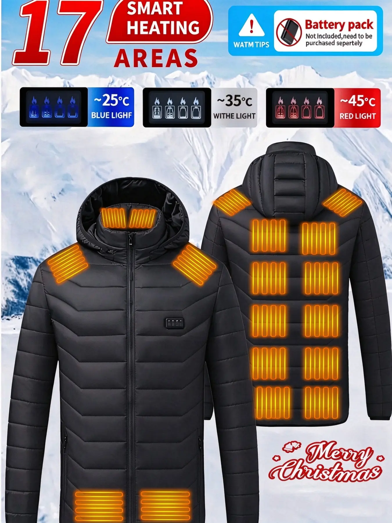 Men's Heated Jacket with 17 Smart Heating Zones, USB-C Fast Charging, Adjustable Temperature Control, Hooded Winter Coat for Cold Weather