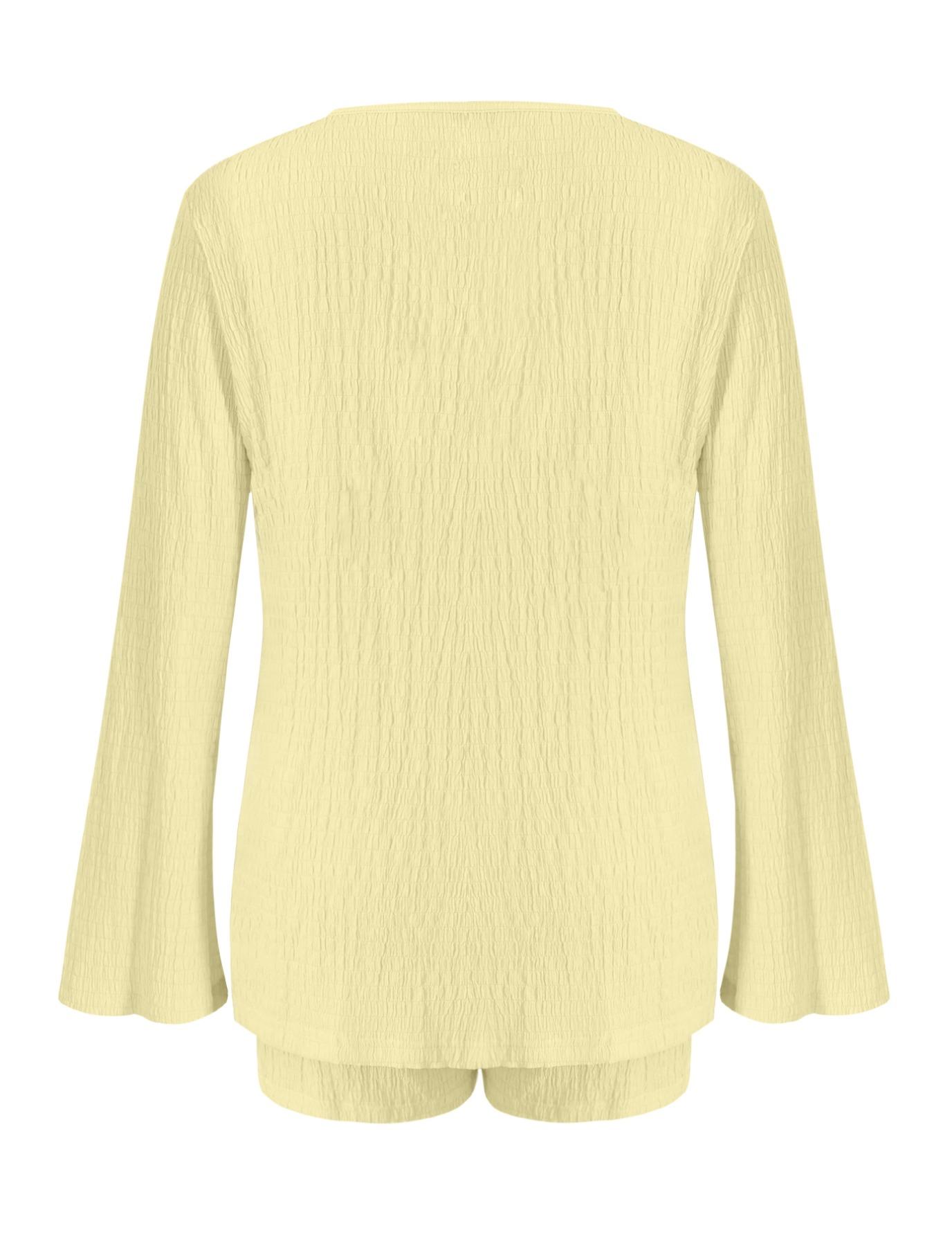 Women's Solid Color Longsleeves Fitted Tie Front Top & Shorts Set, Minimalist Basic Casual Fashion Cozy Two-piece Fashion Style Sets for Daily Outdoor Wear, Ladies Summer Clothes, Womenswear, Loungewear, Homewear, Casual Comfy Pajama Set, Cream