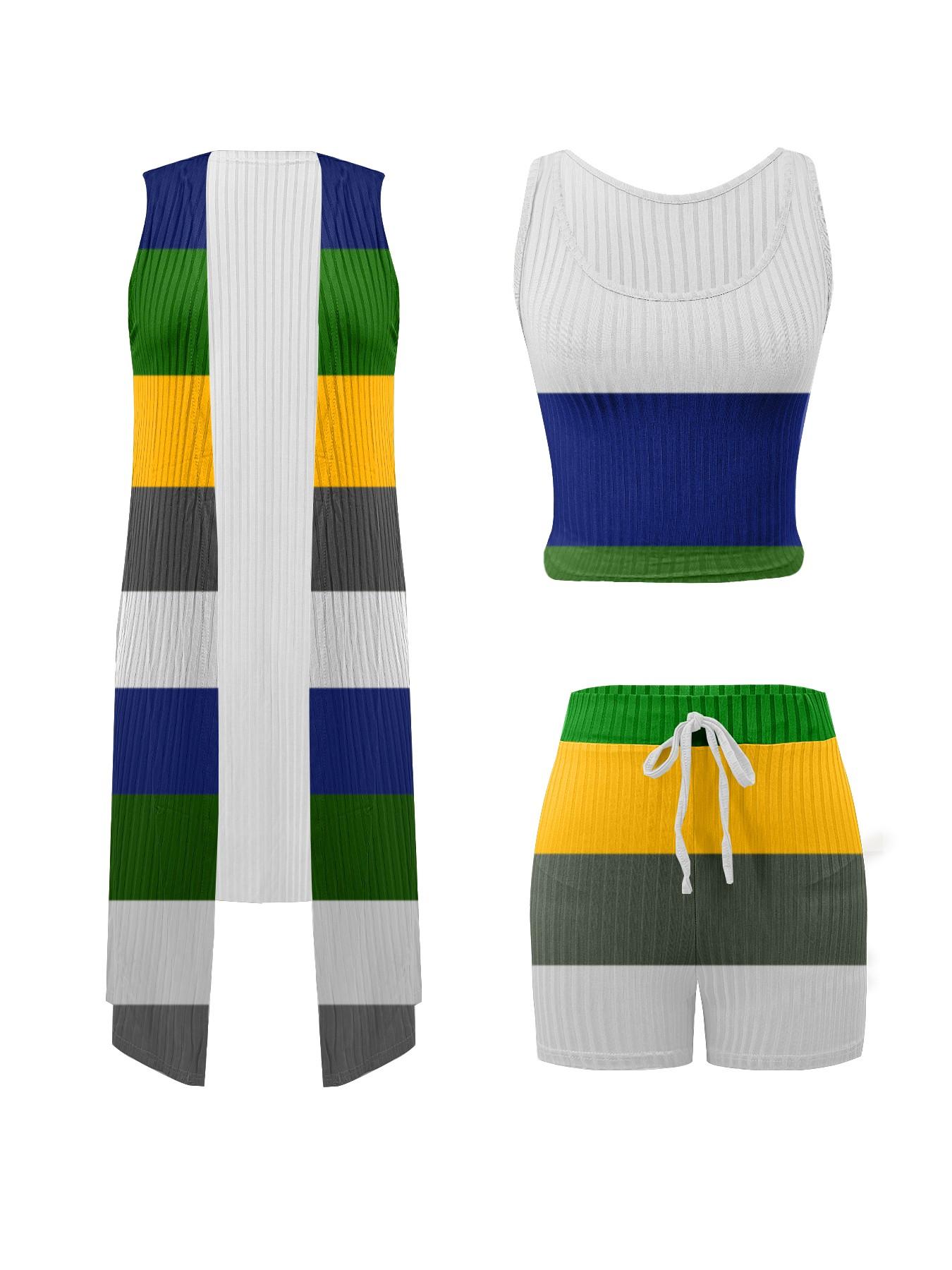 Three-Piece Set Women's Colorblock Striped Print Scoop Neck Crop Tank Top & High Waist Tie Front Shorts & Sleeveless Outerwear Set, Summer Outfits, Casual Everyday Set
