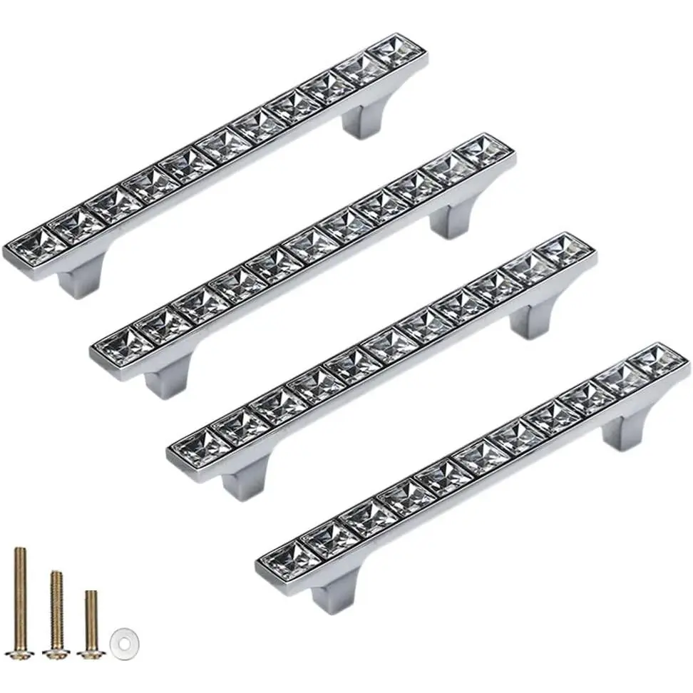 4-Pack Zinc Alloy Glass Rhinestone Cabinet Pulls - Modern Shiny Furniture Fit Handles for Cupboard, Wardrobe, Dresser Doors & Drawers (3.8" Hole Centers)